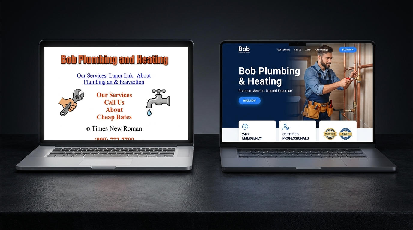Before and after — amateur website vs professional VisionAIry-built website